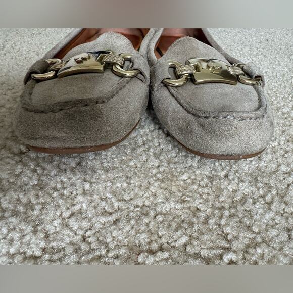 Kate Spade Carson Dark Beige/Gray Suede Loafers Gold Buckle Size 6 - Picture 8 of 14